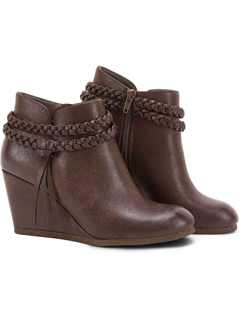 Women's Dark Brown Wedge Ankle Boots Braided Fringe Strap Western Heeled Booties